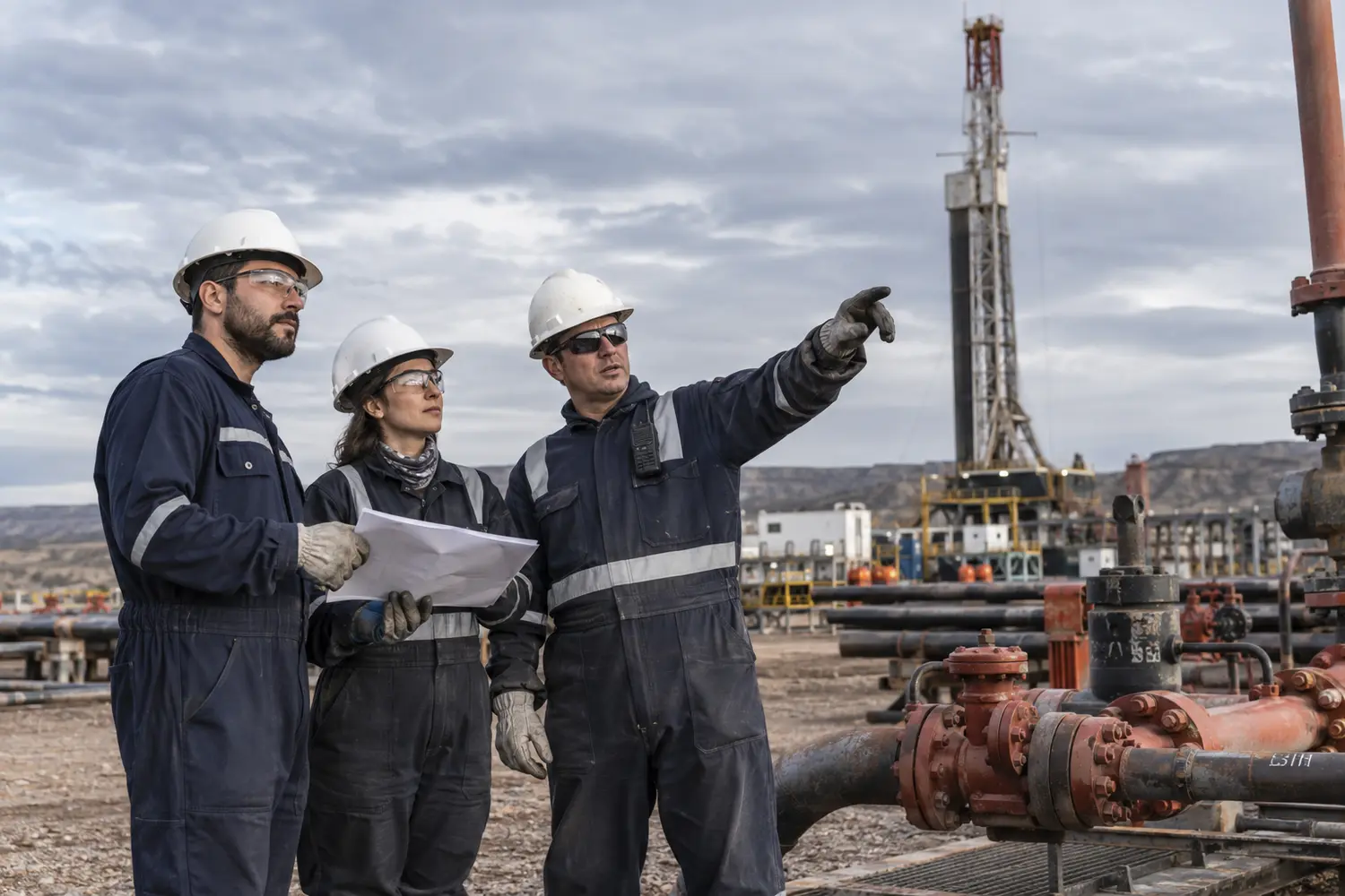 Trabajadores con elementos de seguridad en una instalación petrolera